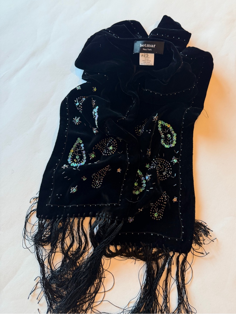 Betmar New York Black Velvet Beaded Paisley Fringe Scarf